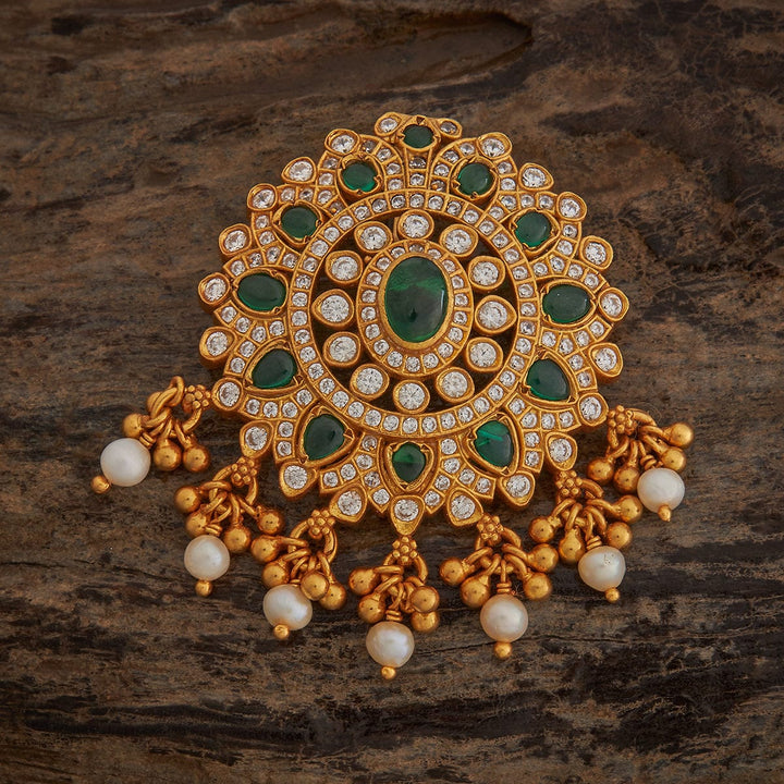 Pure 92.5 silver Flower Design Temple Pendant CZ And Green Stone And Dangling Beads And Pearl