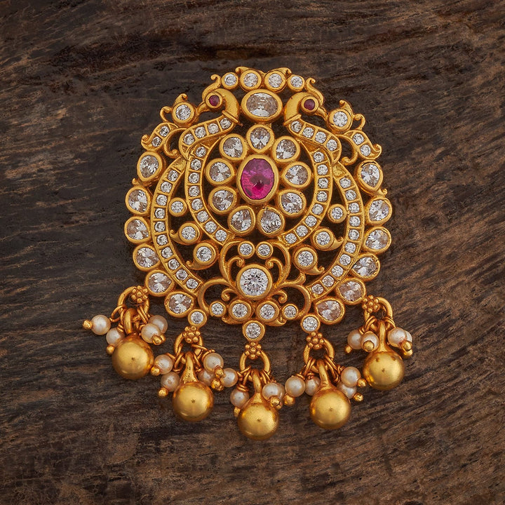 92.5 Pure Silver Flower Motif Temple Pendant With CZ Ans Red Stone And Dangling Pearls And Beads