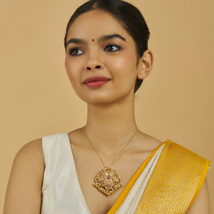 Pure 92.5 silver Twin Peacock Temple Pendant With CZ And Red Stones And Dangling Beads And Pearls