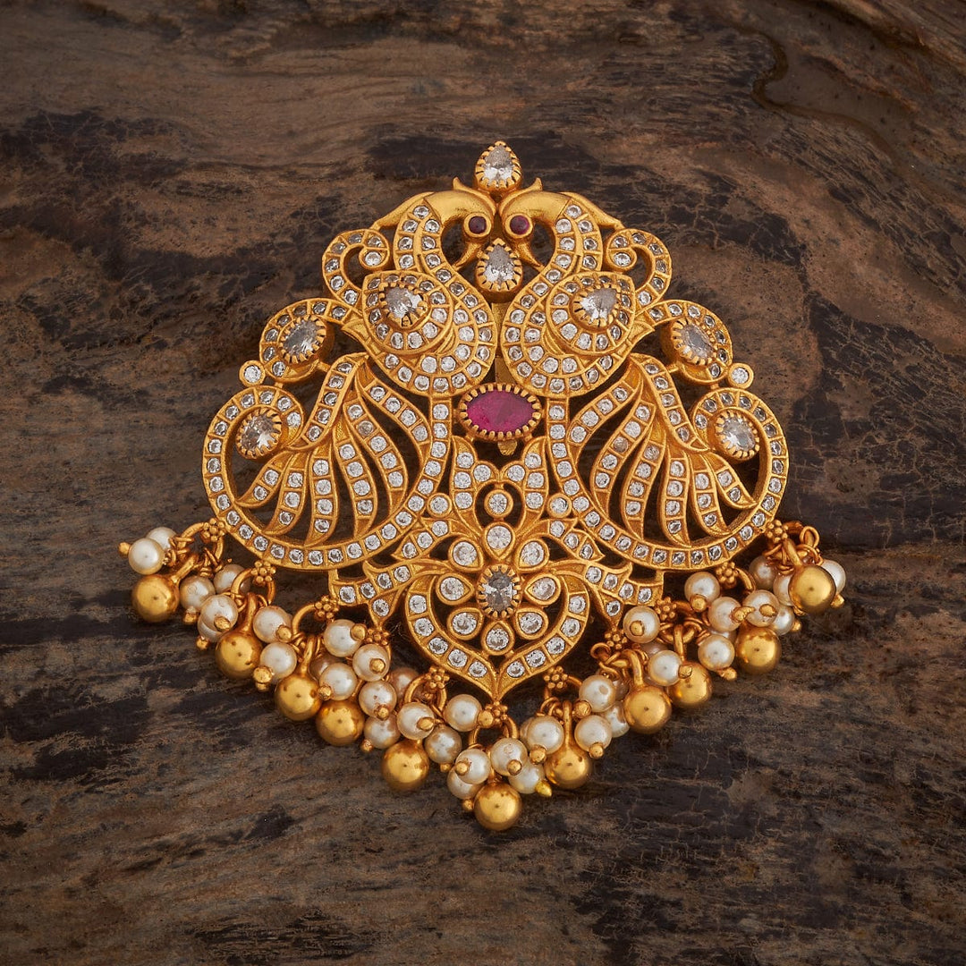 Pure 92.5 silver Twin Peacock Temple Pendant With CZ And Red Stones And Dangling Beads And Pearls