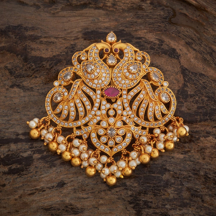 Pure 92.5 silver Twin Peacock Temple Pendant With CZ And Red Stones And Dangling Beads And Pearls