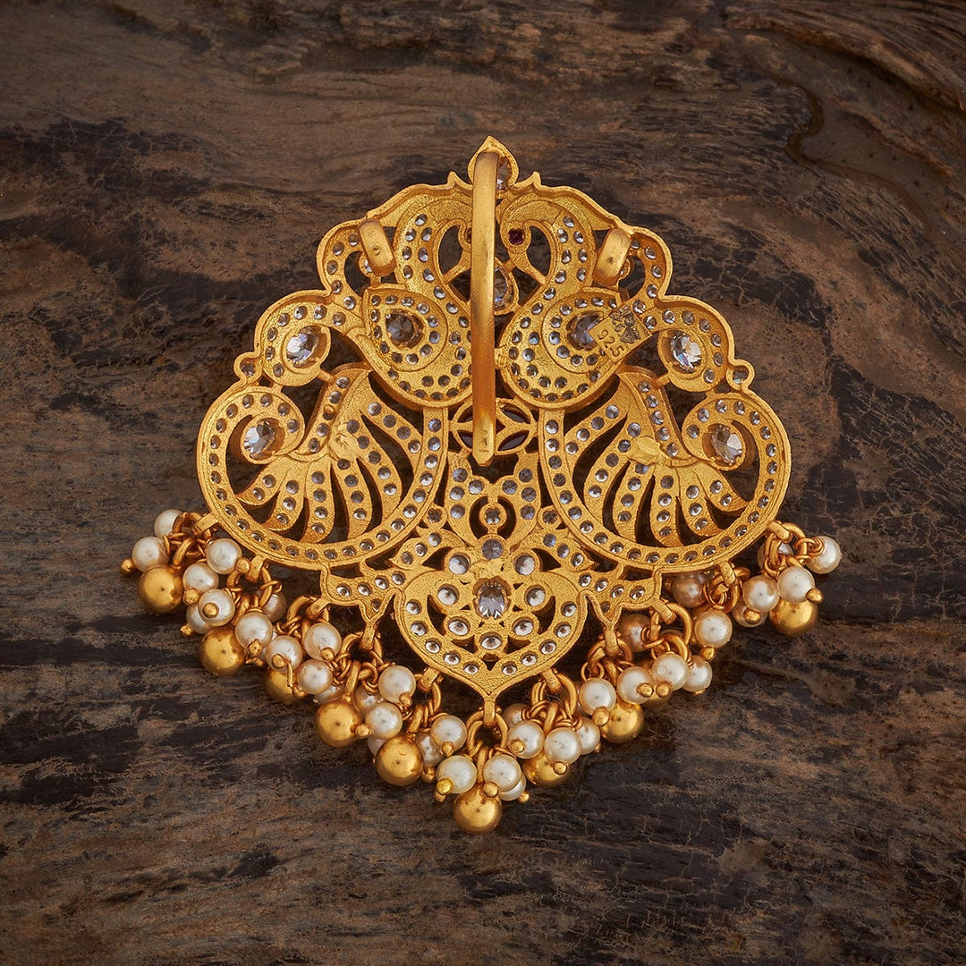 Pure 92.5 silver Twin Peacock Temple Pendant With CZ And Red Stones And Dangling Beads And Pearls