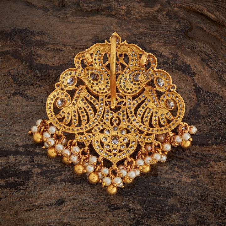 Pure 92.5 silver Twin Peacock Temple Pendant With CZ And Red Stones And Dangling Beads And Pearls