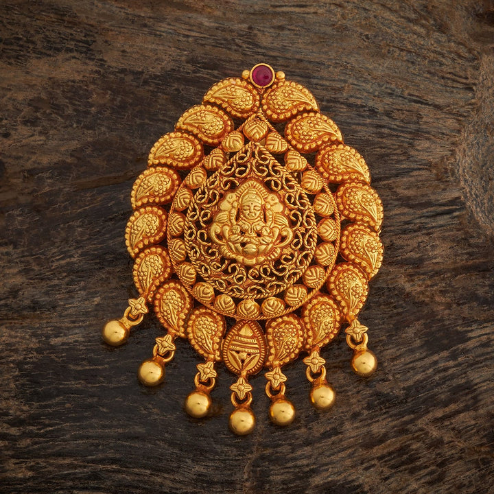 Pure 92.5 Silver Ornate Temple Jewellery Lakshmi Pendant with Red Stone and Dangling Beads