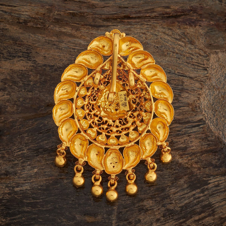 Pure 92.5 Silver Ornate Temple Jewellery Lakshmi Pendant with Red Stone and Dangling Beads