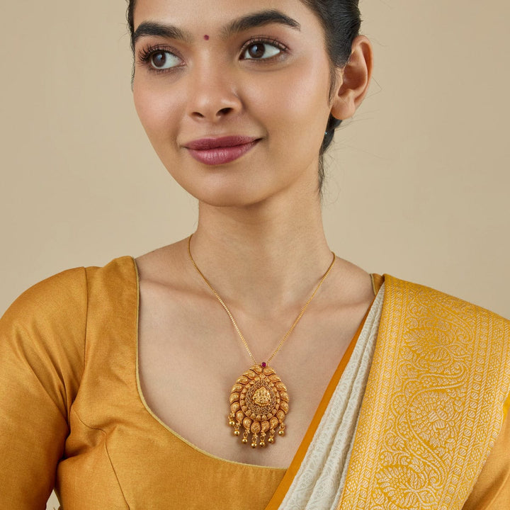 Pure 92.5 Silver Ornate Temple Jewellery Lakshmi Pendant with Red Stone and Dangling Beads