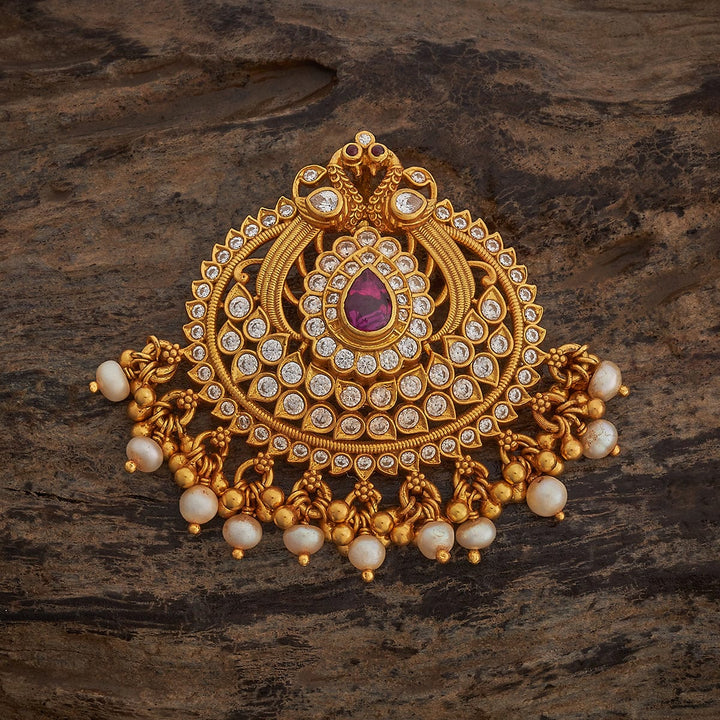 Pure 92.5 Silver Ethnic Gold-Plated White Stone Pendant with Central Red Stone and Pearl Danglings