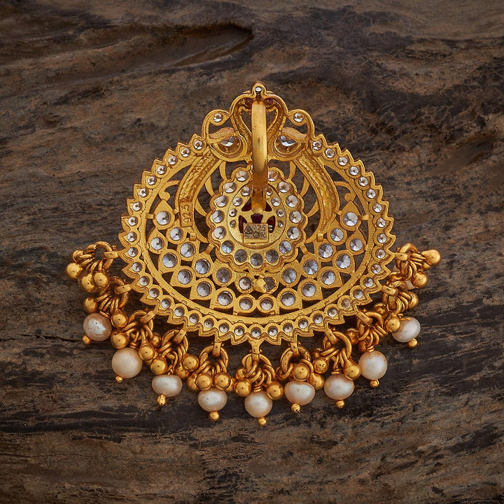 Pure 92.5 Silver Ethnic Gold-Plated White Stone Pendant with Central Red Stone and Pearl Danglings