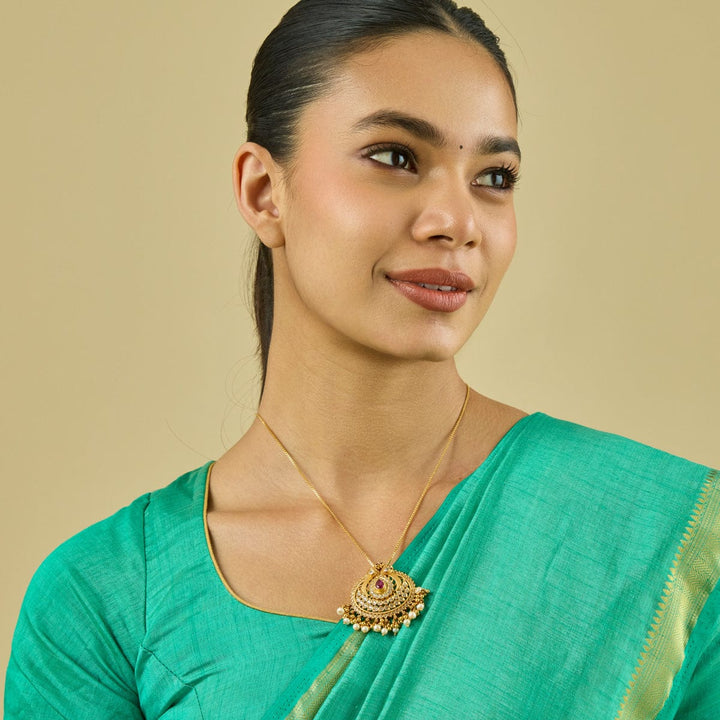 Pure 92.5 Silver Ethnic Gold-Plated White Stone Pendant with Central Red Stone and Pearl Danglings