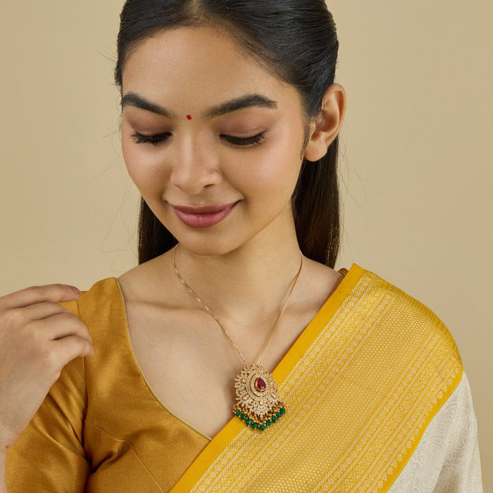 Pure 92.5 silver Floral Pendant With CZ Stones And Dangling Beads