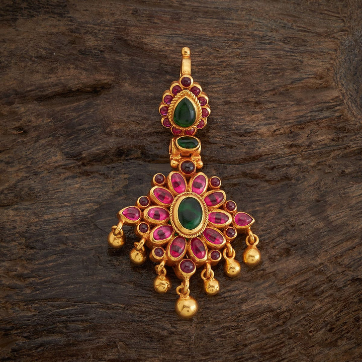 92.5 Pure Silver Oval Pattern Temple Pendant With Red-Green Stones With Dangling Beads