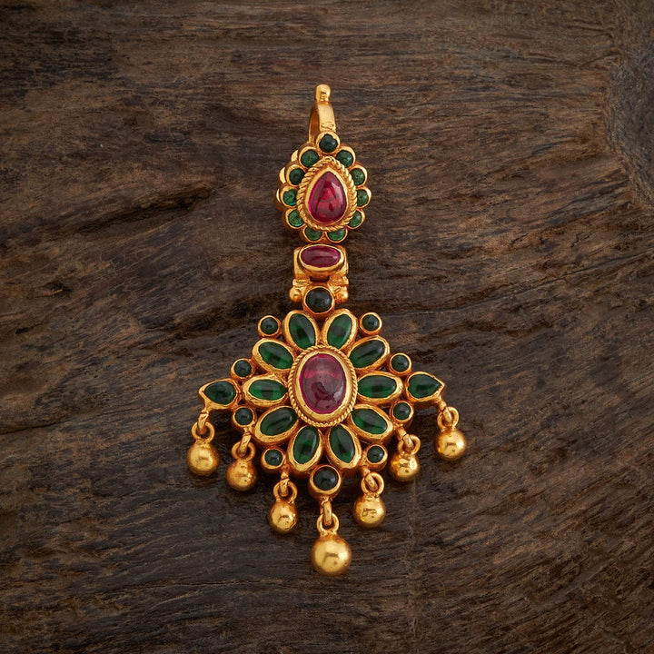 92.5 Pure Silver Oval Pattern Temple Pendant With Red-Green Stones With Dangling Beads