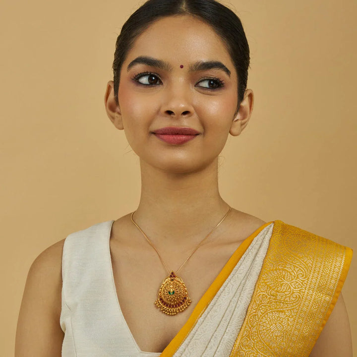 Pure 92.5 silver Peacock And Mandala Temple Pendant With Green-Red Stones And Dangling Beads
