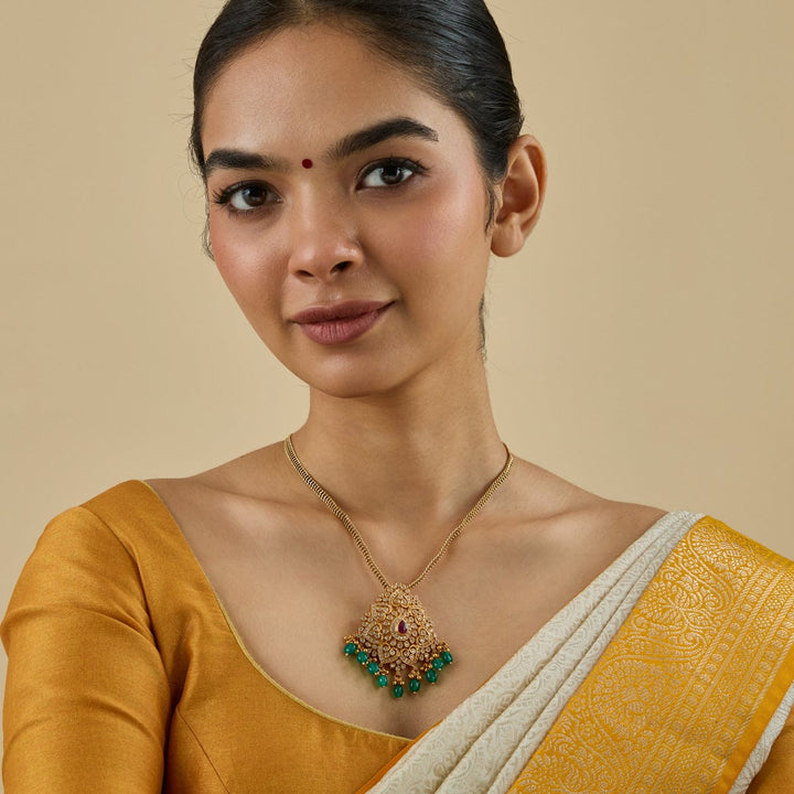 Pure 92.5 Silver Heart Pendant With CZ And Red Stones And Dangling Beads