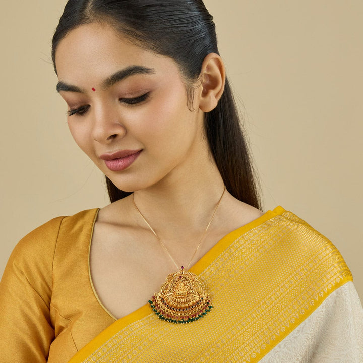 Pure 92.5 Silver Traditional Gold-Tone Goddess Lakshmi Pendant with Gemstone Dangles