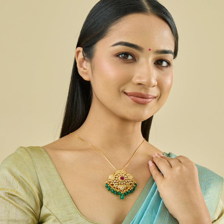 Pure 92.5 Silver Gold-Plated Gemstone Pendant with Central Ruby and Green Dangling Beads