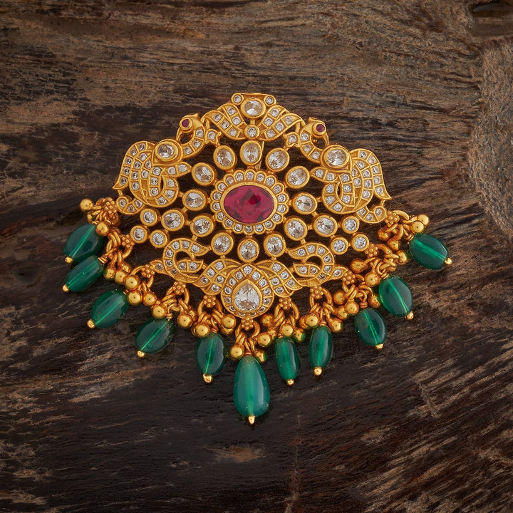 Pure 92.5 Silver Gold-Plated Gemstone Pendant with Central Ruby and Green Dangling Beads