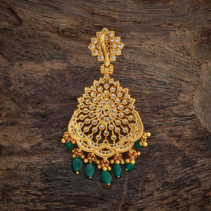 Pure 92.5 Silver Gold-Plated White Stone Pendant with Central Ruby and Green Dangling Beads