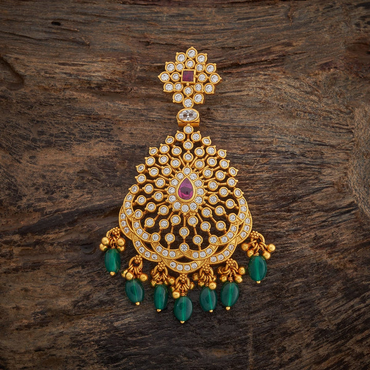 Pure 92.5 Silver Gold-Plated White Stone Pendant with Central Ruby and Green Dangling Beads