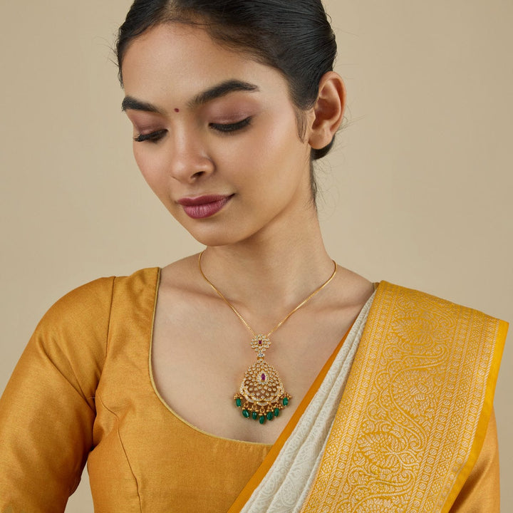 Pure 92.5 Silver Gold-Plated White Stone Pendant with Central Ruby and Green Dangling Beads