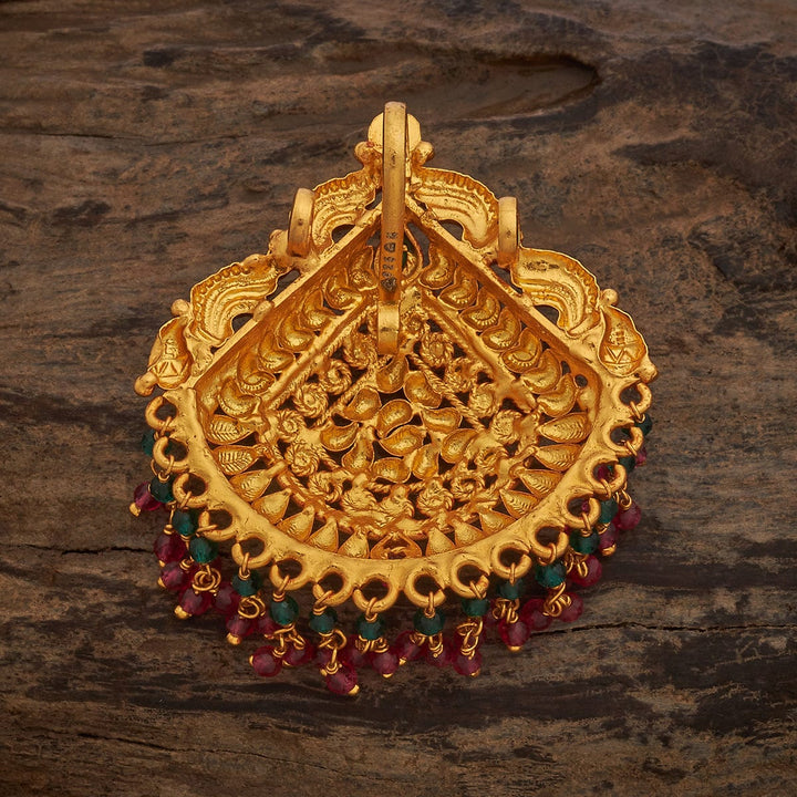 Pure 92.5 Silver Gold-Plated Pendant with Intricate Design and Red-Green Dangling Beads