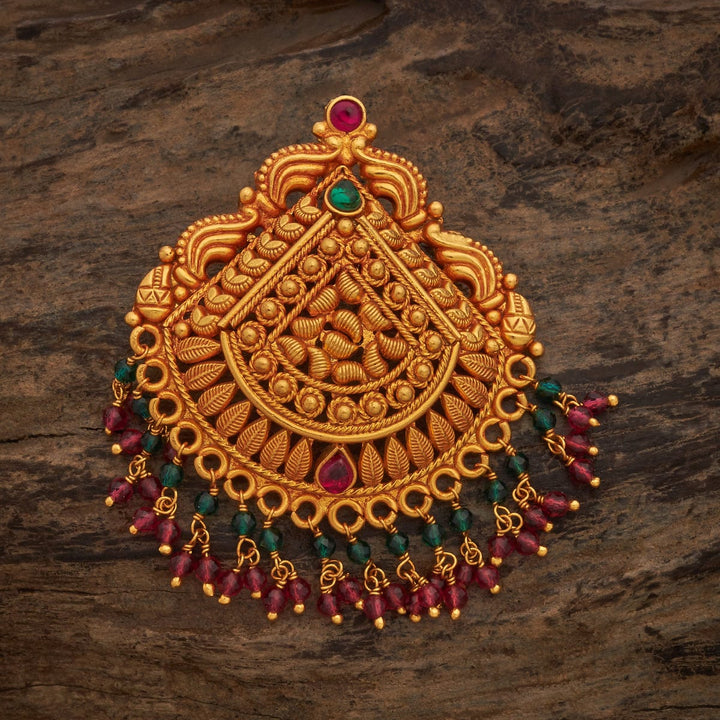 Pure 92.5 Silver Gold-Plated Pendant with Intricate Design and Red-Green Dangling Beads