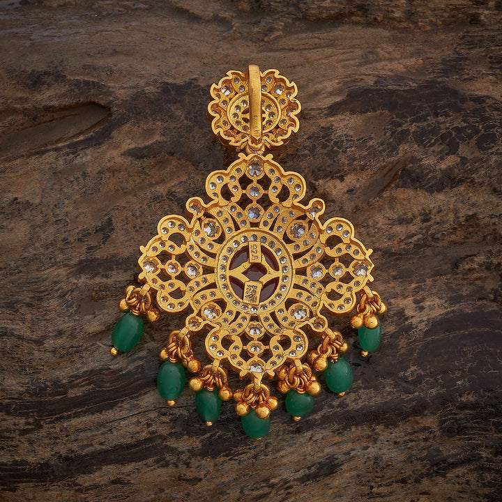 Pure 92.5 Silver Traditional White Stone Pendant with Central Ruby and Green Bead Drops