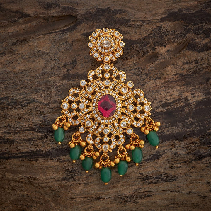 Pure 92.5 Silver Traditional White Stone Pendant with Central Ruby and Green Bead Drops