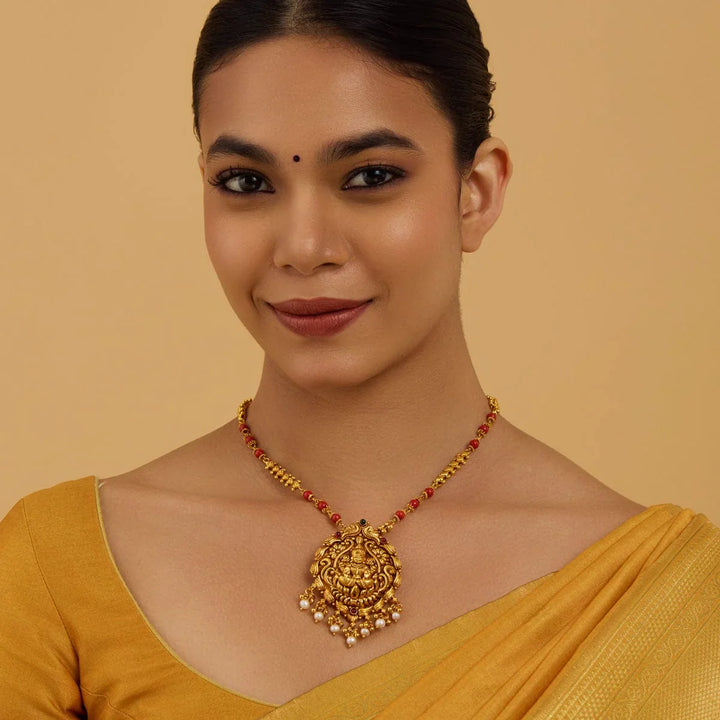 Pure 92.5 Silver Lakshmi Design Temple Pendant with Green-Red Stones And Dangling Beads and Pearls