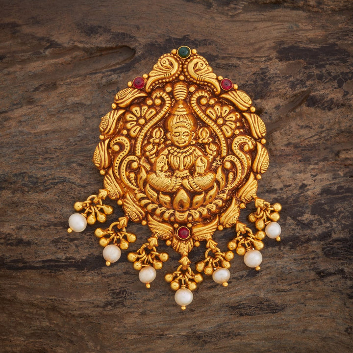 Pure 92.5 Silver Lakshmi Design Temple Pendant with Green-Red Stones And Dangling Beads and Pearls