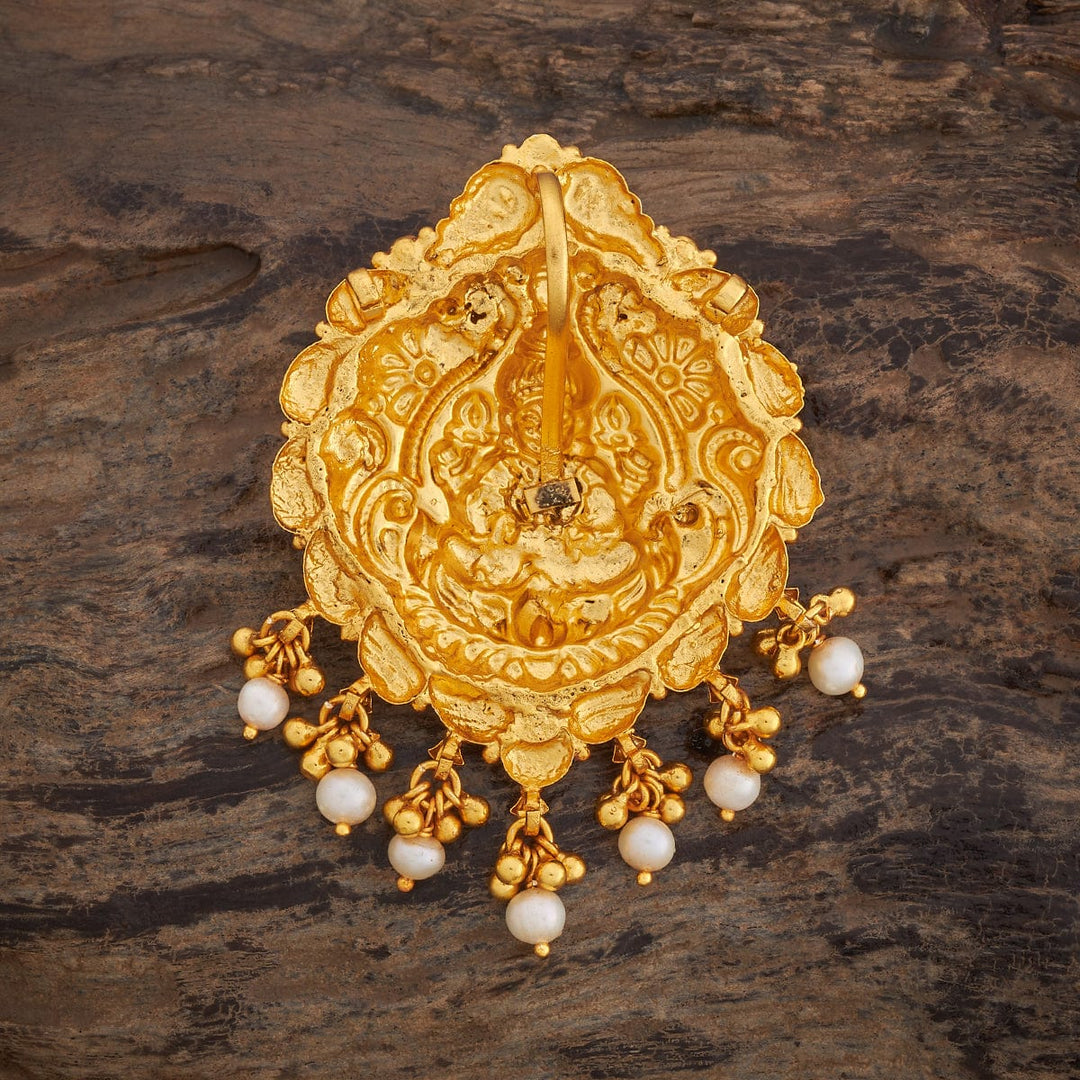 Pure 92.5 Silver Lakshmi Design Temple Pendant with Green-Red Stones And Dangling Beads and Pearls