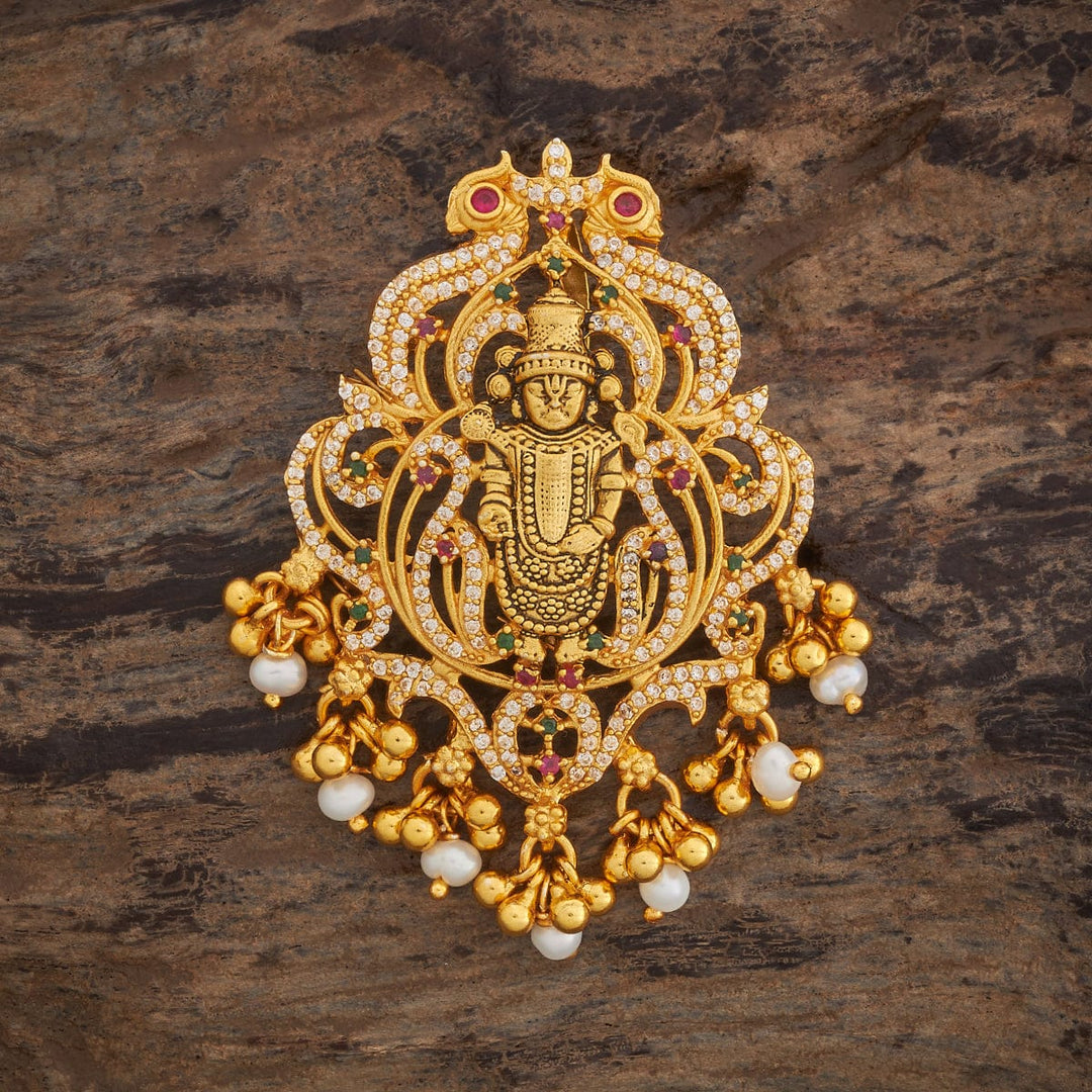 Pure 92.5 Shree Balaji Design Temple Pendant with CZ And Red-Green Stones, Dangling Beads and Pearls