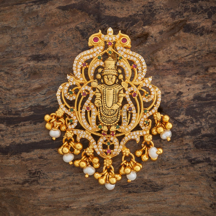 Pure 92.5 Shree Balaji Design Temple Pendant with CZ And Red-Green Stones, Dangling Beads and Pearls