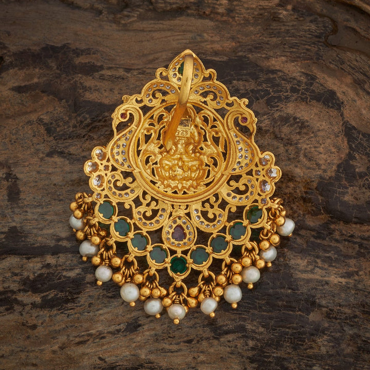 Pure 92.5 Goddess Lakshmi Design Temple Pendant with CZ And Red-Green Stones And Dangling Beads And Pearls