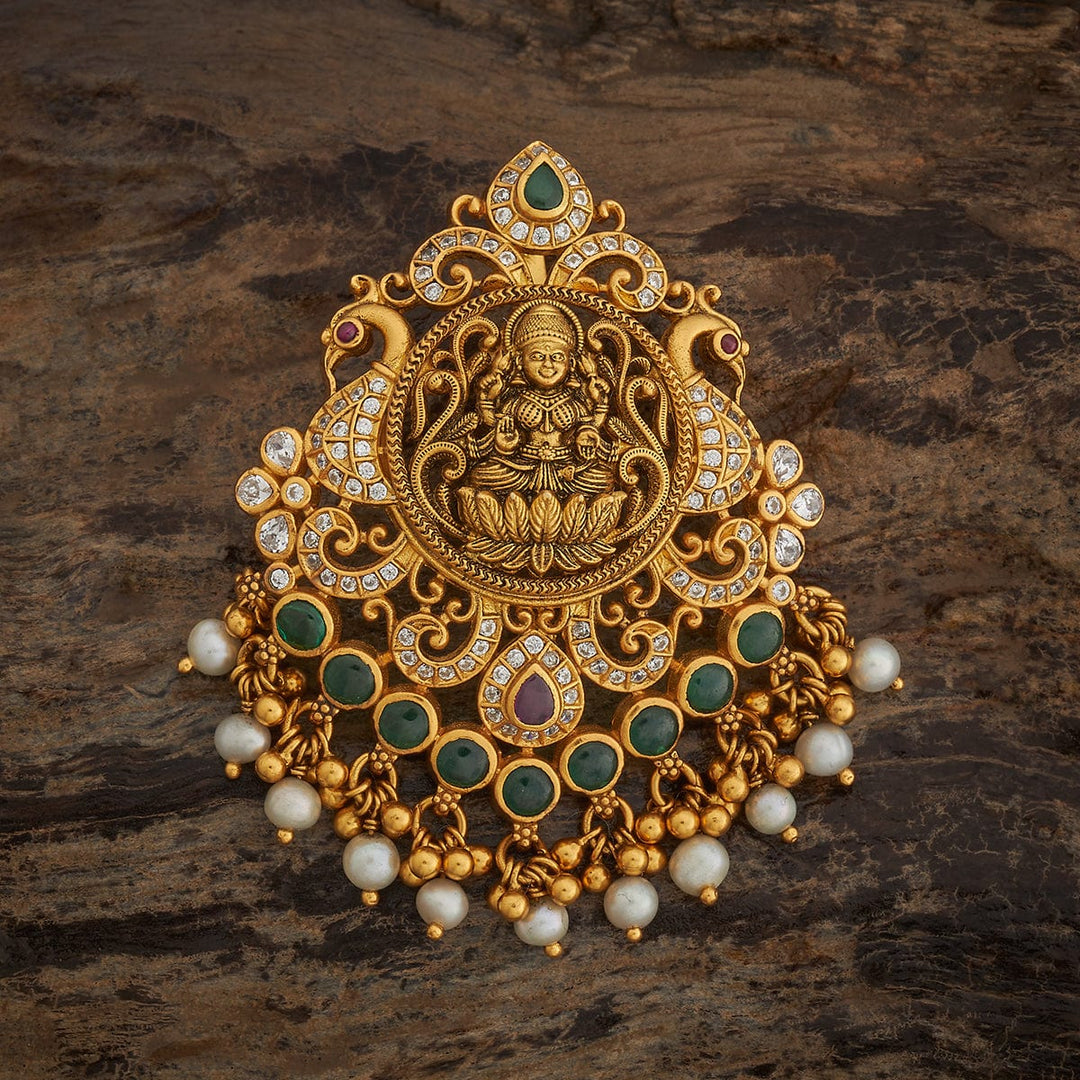 Pure 92.5 Goddess Lakshmi Design Temple Pendant with CZ And Red-Green Stones And Dangling Beads And Pearls