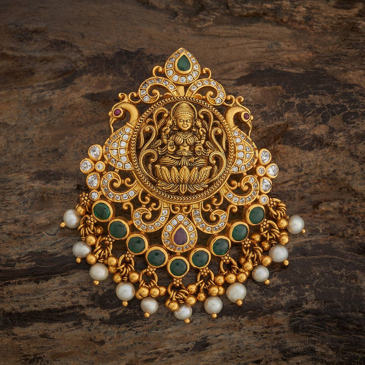 Pure 92.5 Goddess Lakshmi Design Temple Pendant with CZ And Red-Green Stones And Dangling Beads And Pearls