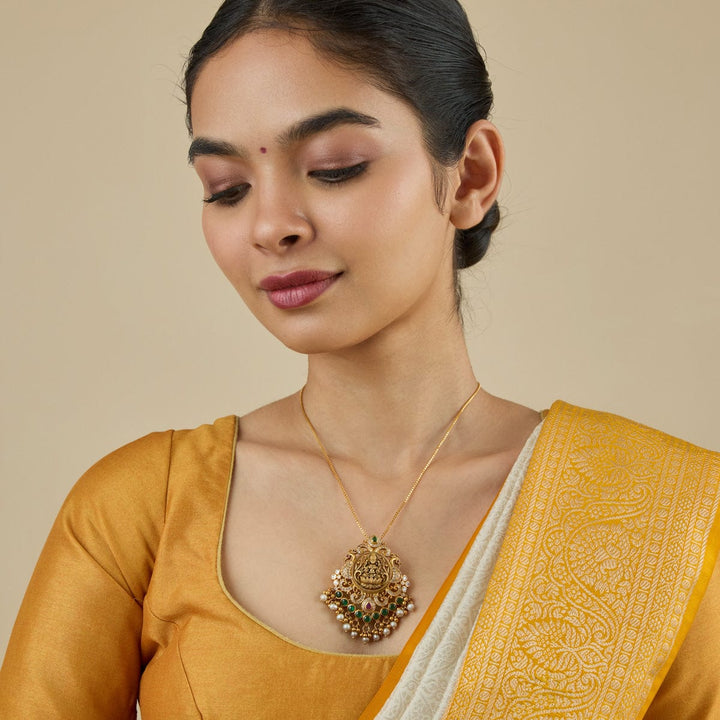 Pure 92.5 Goddess Lakshmi Design Temple Pendant with CZ And Red-Green Stones And Dangling Beads And Pearls