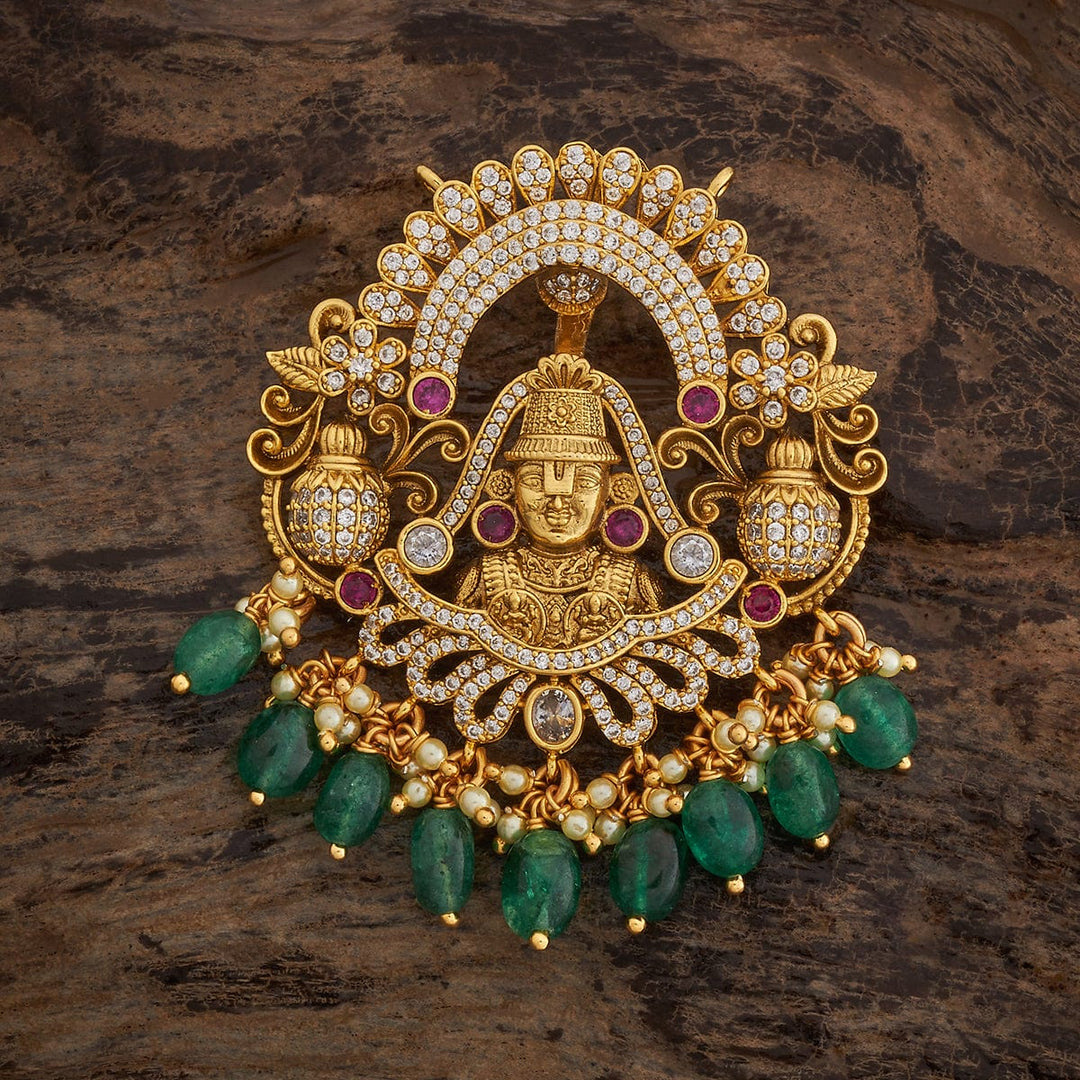 Pure 92.5 Shree Balaji Design Temple Pendant with CZ And Red-Green Stones And Dangling Beads And Pearls