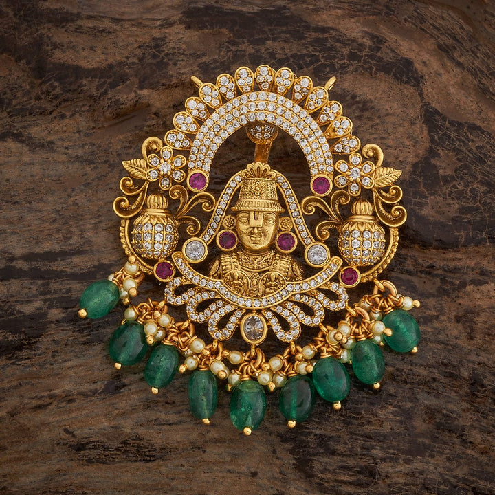 Pure 92.5 Shree Balaji Design Temple Pendant with CZ And Red-Green Stones And Dangling Beads And Pearls