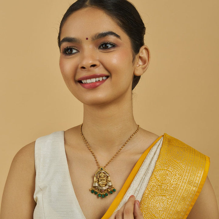 Pure 92.5 Traditional Goddess Lakshmi Pendant with Gemstone Details