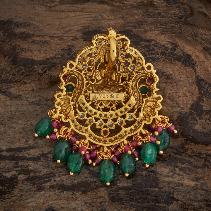 Pure 92.5 Detailed Lakshmi Peacock Pendant in Gold Finish with Gemstone Embellishments