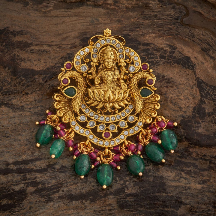 Pure 92.5 Detailed Lakshmi Peacock Pendant in Gold Finish with Gemstone Embellishments