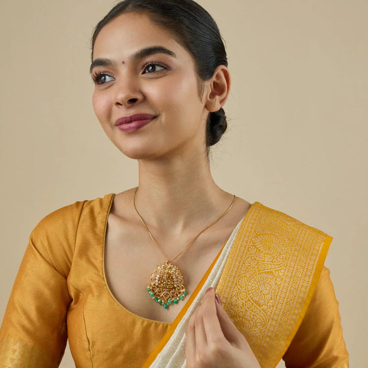 Pure 92.5 Silver Lord Ganesh Pendant in Gold Finish with Gemstone Embellishments