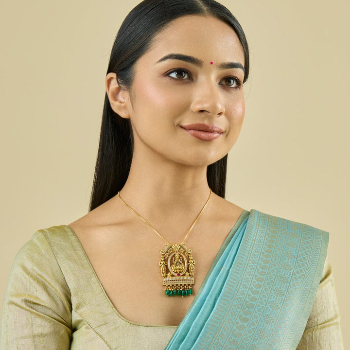 Pure 92.5 Silver Ethnic Gold-Plated Goddess Lakshmi Pendant with Gemstone Embellishments