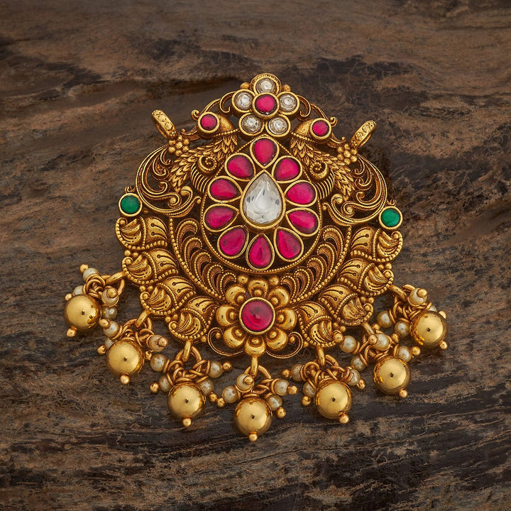 Pure 92.5 Silver Twin Peacock-Floral Pendant in Gold Finish with Gemstones Detailing and Dangling Beads