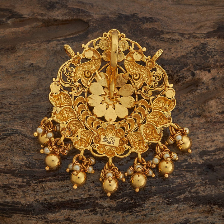 Pure 92.5 Silver Twin Peacock-Floral Pendant in Gold Finish with Gemstones Detailing and Dangling Beads