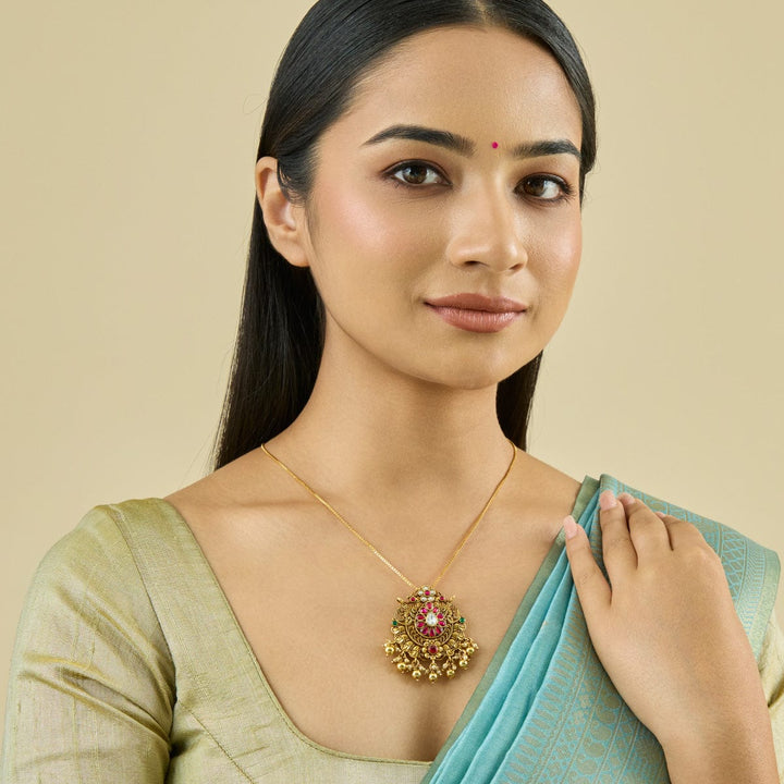 Pure 92.5 Silver Twin Peacock-Floral Pendant in Gold Finish with Gemstones Detailing and Dangling Beads