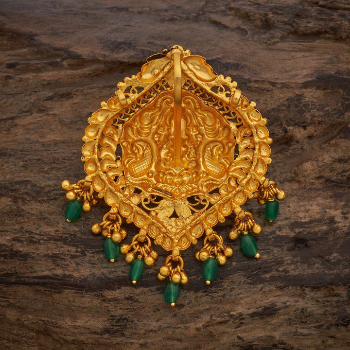 Pure 92.5 Silver Gold-Plated Lakshmi-Peacock-Elephant Design Pendant with Green Dangling Beads