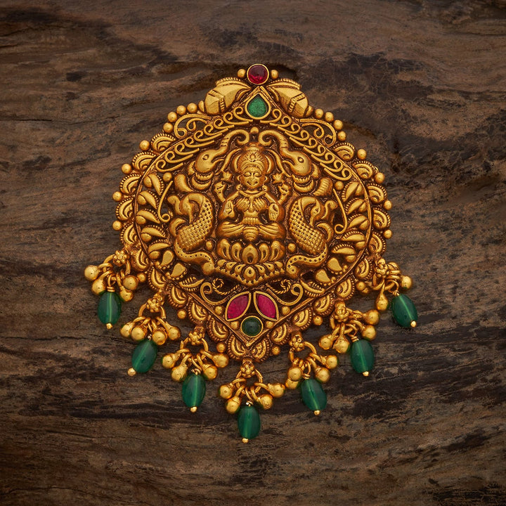 Pure 92.5 Silver Gold-Plated Lakshmi-Peacock-Elephant Design Pendant with Green Dangling Beads