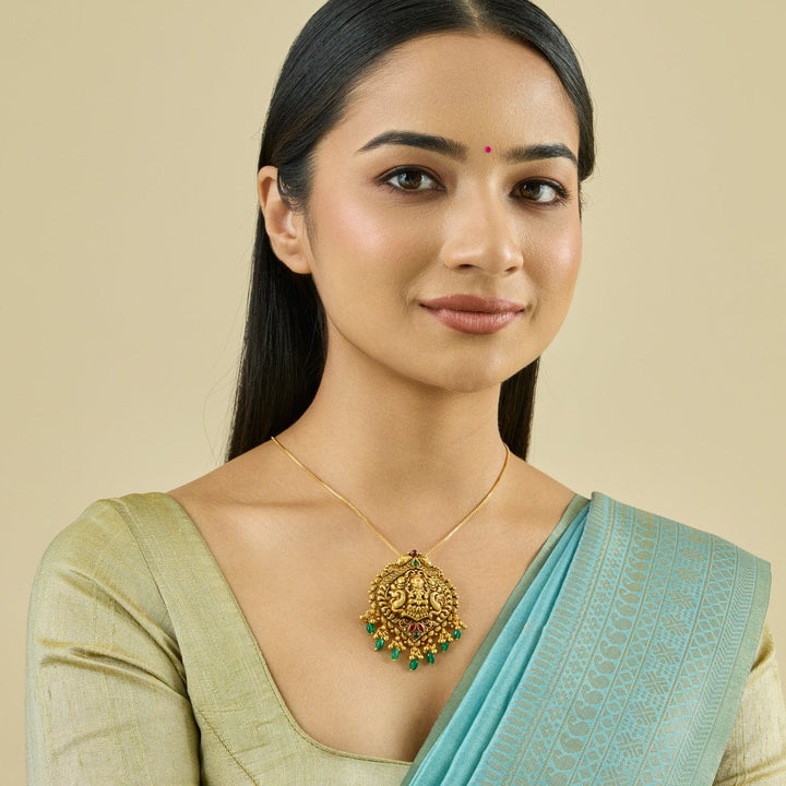 Pure 92.5 Silver Gold-Plated Lakshmi-Peacock-Elephant Design Pendant with Green Dangling Beads